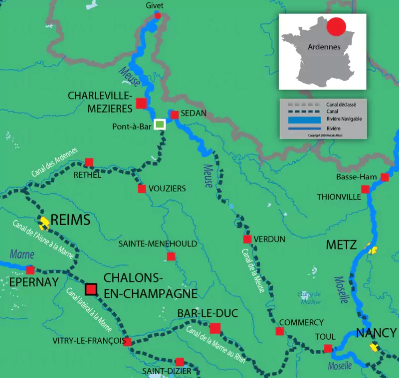 Locaboat  Ardennes, Meuse & Marne carte des voies navigables